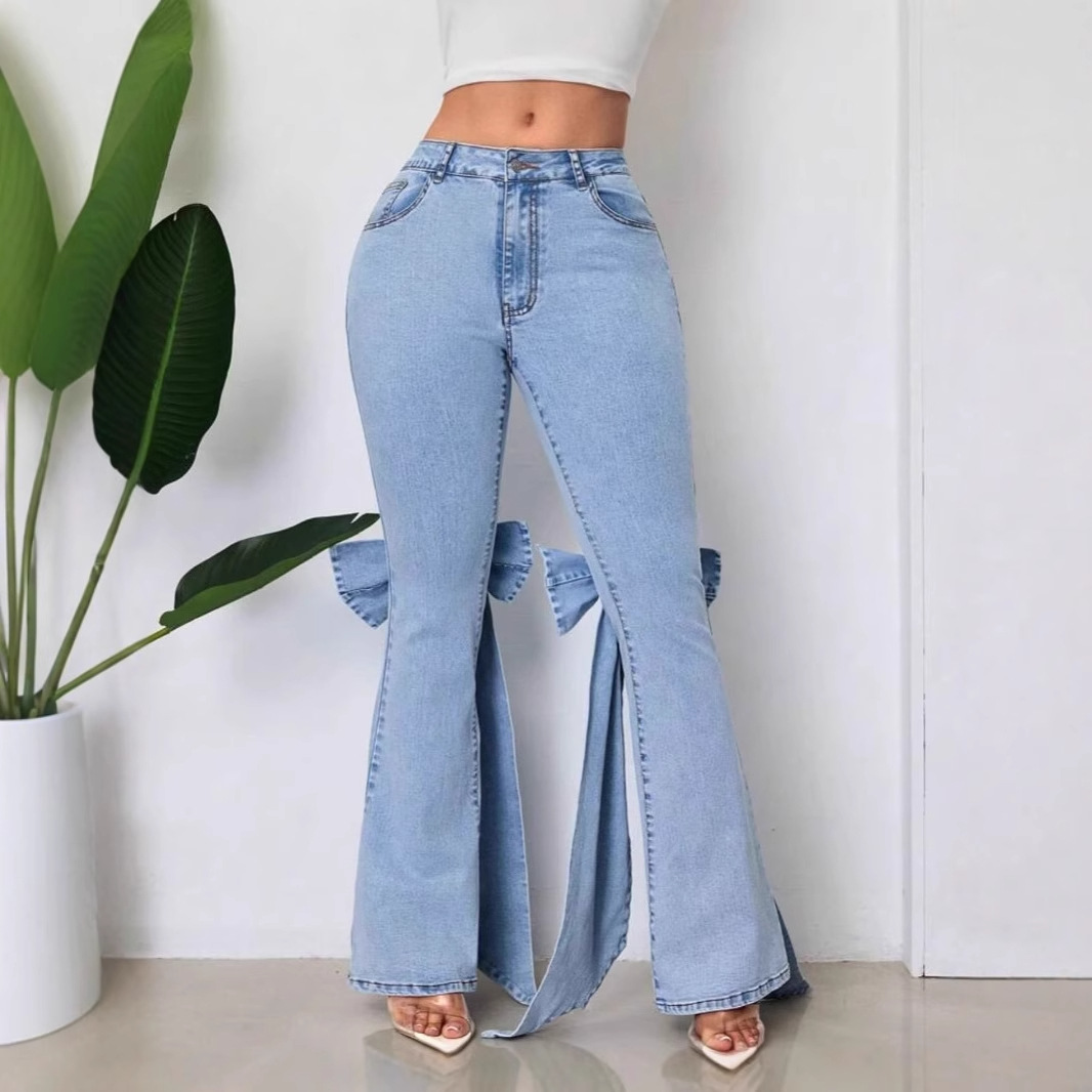 European and American cross-border independent station hardworking women's jeans high-waisted stretch bow decorated flared jeans Specification image