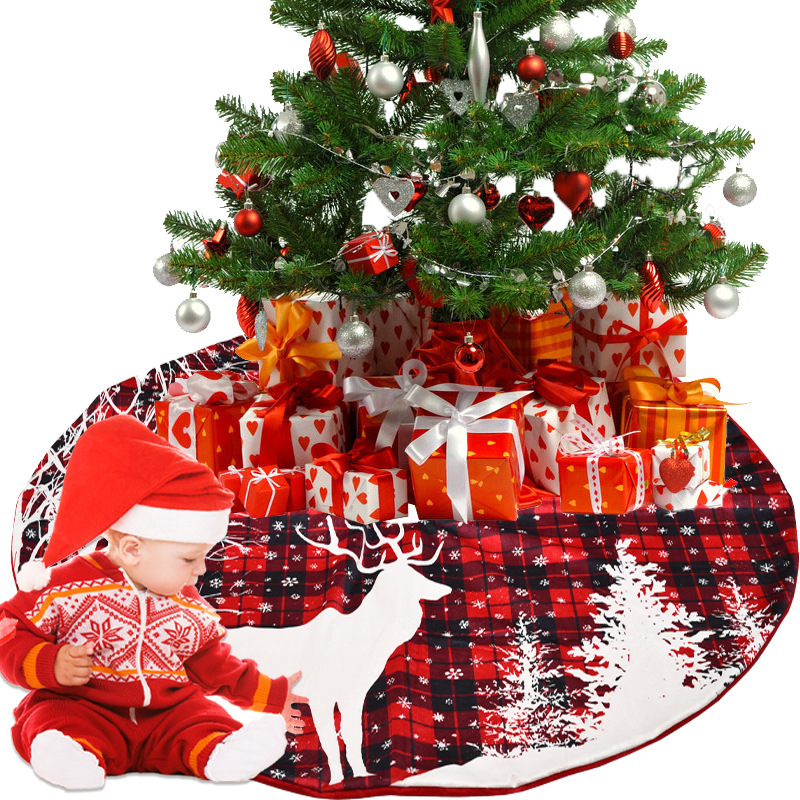 跨境新款圣诞节装饰120CM红黑格印刷麋鹿树裙圣诞树底围裙装扮详情图1