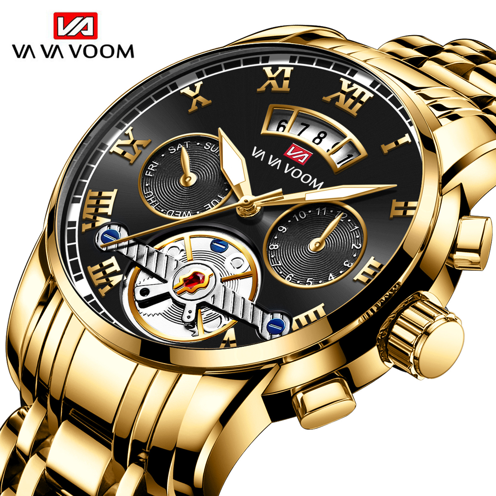 VA VA VOOM stainless steel tourbillon non-automatic mechanical multi-functional business watch, luminous waterproof watch for men Specification image
