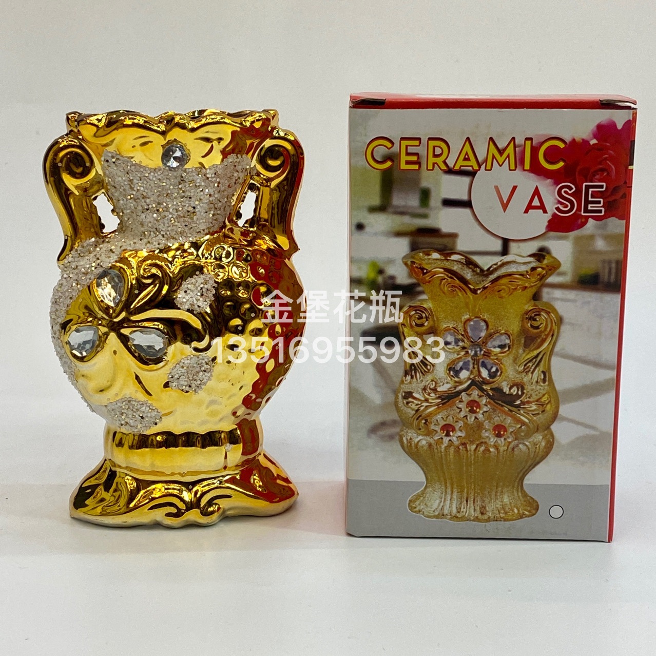 15厘米6寸/陶瓷花瓶/金色花瓶白底实物图
