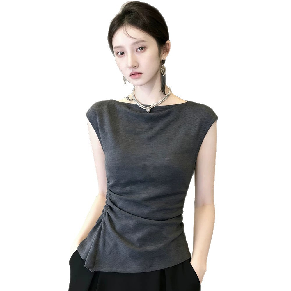 Summer 2026 Design sense cinched waist, small flying sleeve, shoulder, short-sleeved T-shirt for women's summer, slim and stylish mini top 11843 Item Picture