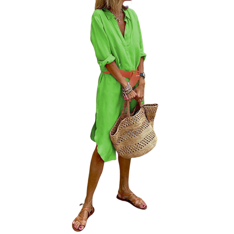 FD14872023 Spring and Autumn New Cross-border Women's fashion and elegance Solid color cardigan lapel split mid-length dress Item Picture