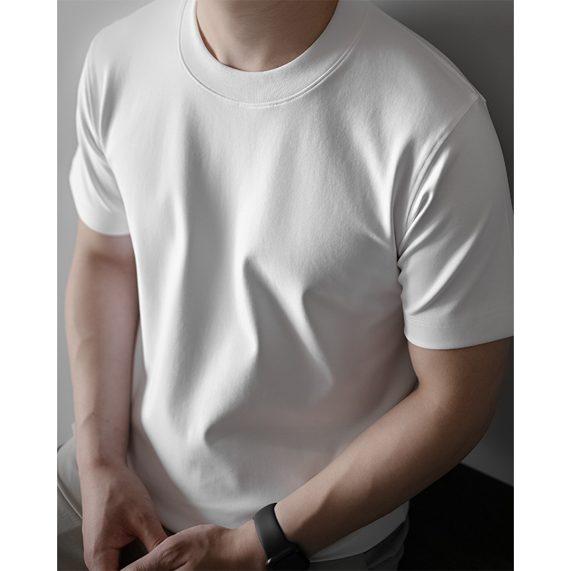 High-end 60S mercerized Xinjiang long-staple cotton men's white base 240G solid color round-neck short-sleeved T-shirt for summer