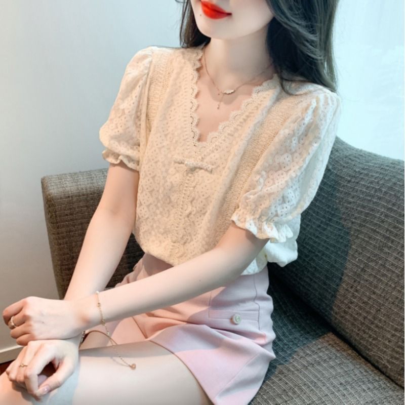 法式短袖蕾丝衬衫女夏装2024新款中式盘扣小衫高级感气质显瘦上衣