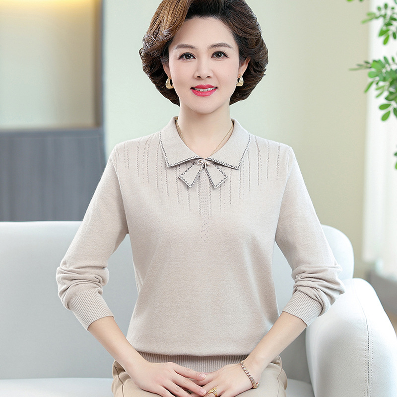 New autumn collection for middle-aged and elderly mothers: Solid color loose knitted pullover sweater with a baby collar for women. 2023 casual mom wear Specification image