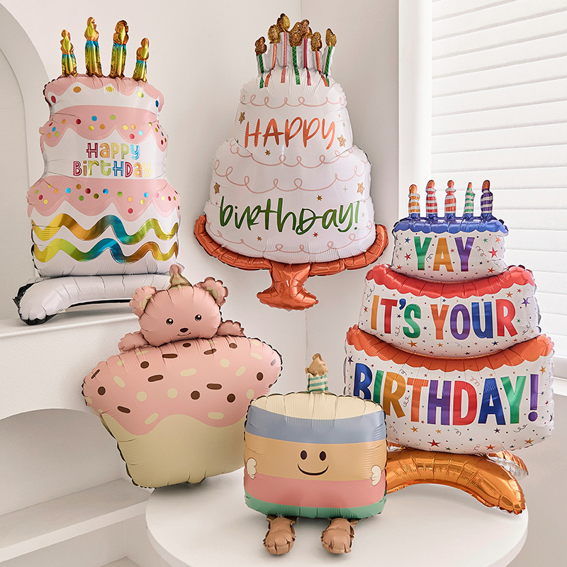 Birthday cake cartoon aluminum film three-dimensional balloon decoration for boys and girls birthday atmosphere props, photo decoration supplies