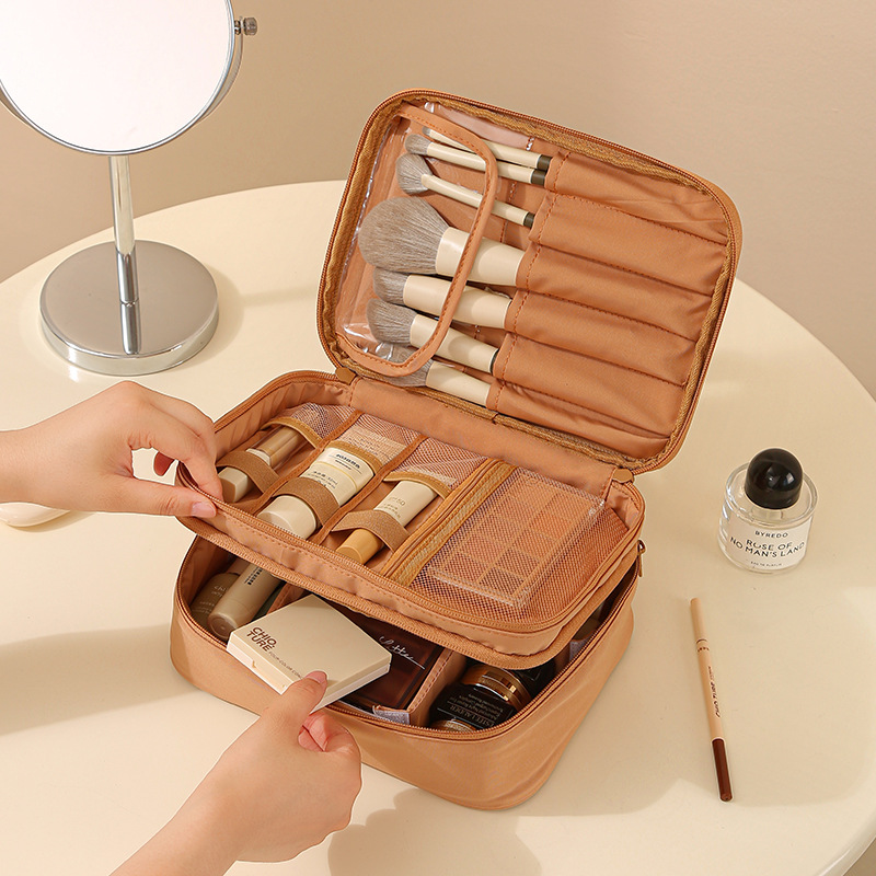 新款跨境洗漱美妆工具收纳包带隔板便携牛津布时尚外出手提化妆包