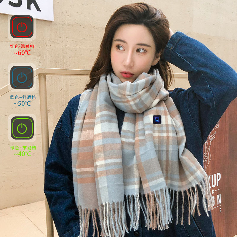 Fashion Plaid Pink Imitation Cashmere Heating Scarf Female Sweet Electric Bib Tassel Heated Scarf Factory Cheap details Picture
