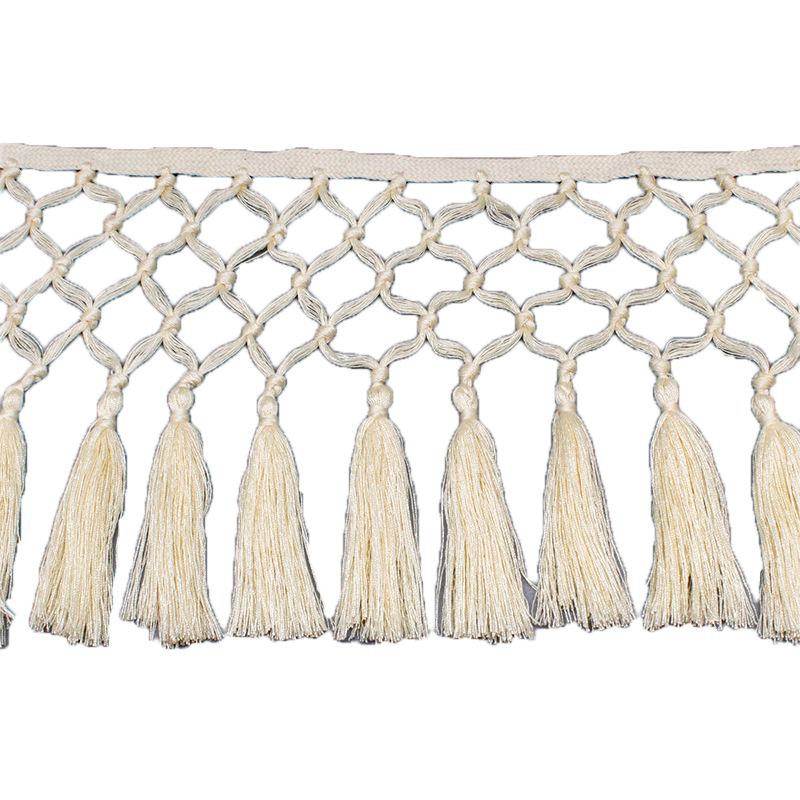 Hand-tied tassel lace curtains, home textile decoration, pure white polyester-cotton five-row tied tassels, 19cm long tassels Item Picture