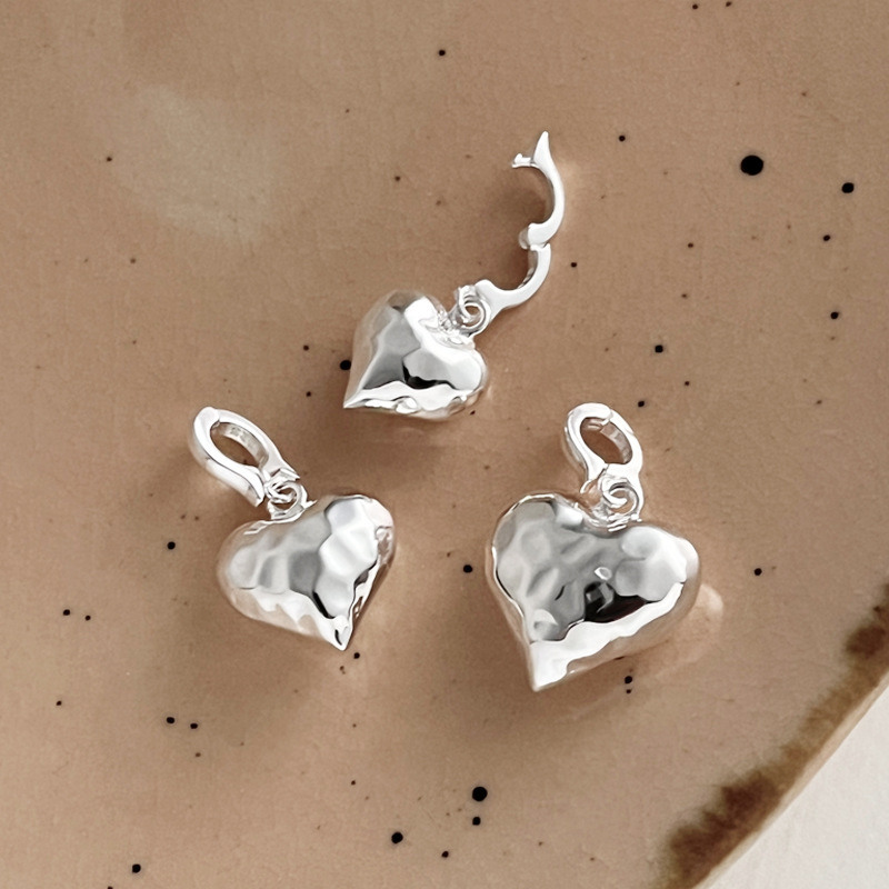 925纯银不规则纹理爱心吊坠简约小众设计万能扣项链男女百搭0822G图