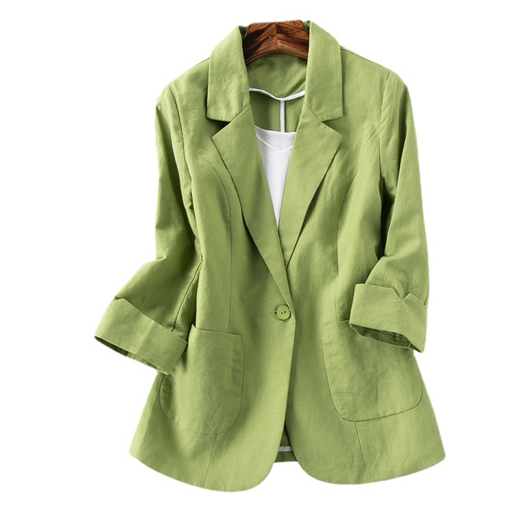 chic trendy linen mini suit for spring and autumn women, three-quarter sleeve cotton and linen versatile short top, women's casual coat Item Picture