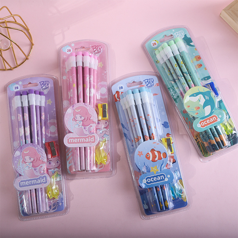 可爱卡通铅笔美人鱼款12支一盒铅笔套装小学生奖品带卷笔刀握笔器
