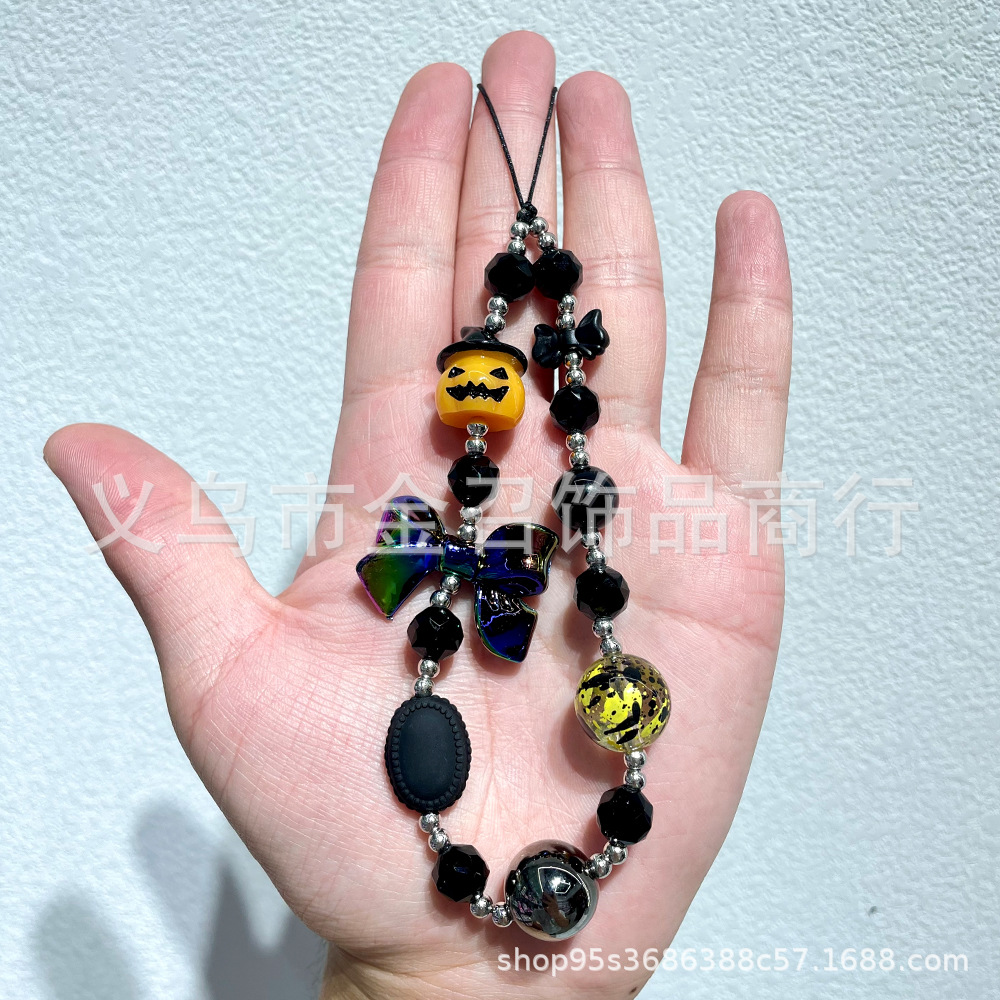 Halloween ins mobile phone chain Pumpkin ghost Skull Ghost face hand-painted mobile phone pendant, beaded keychain pendant details Picture