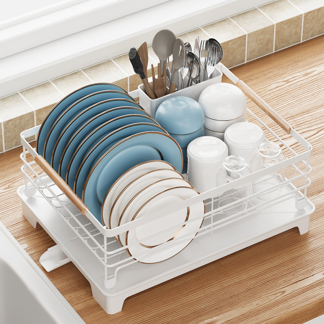 (一件代发)厨房置物架餐具收纳沥水碗架沥水架日式铁艺双层碗碟