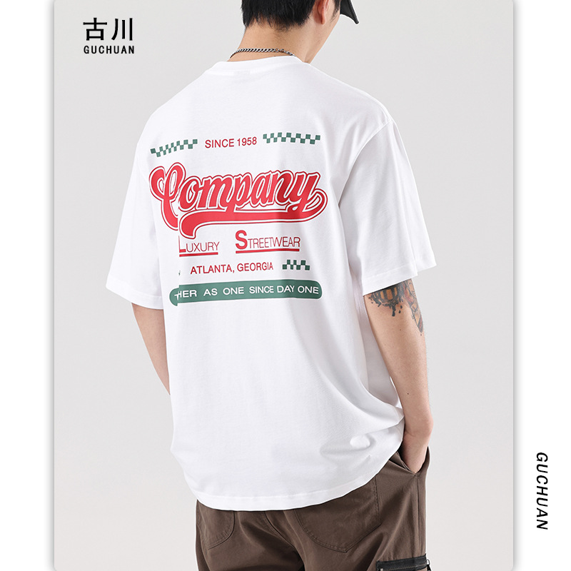 古川男装|2024夏季双纱重磅短袖男潮牌字母印花半袖体恤上衣打底