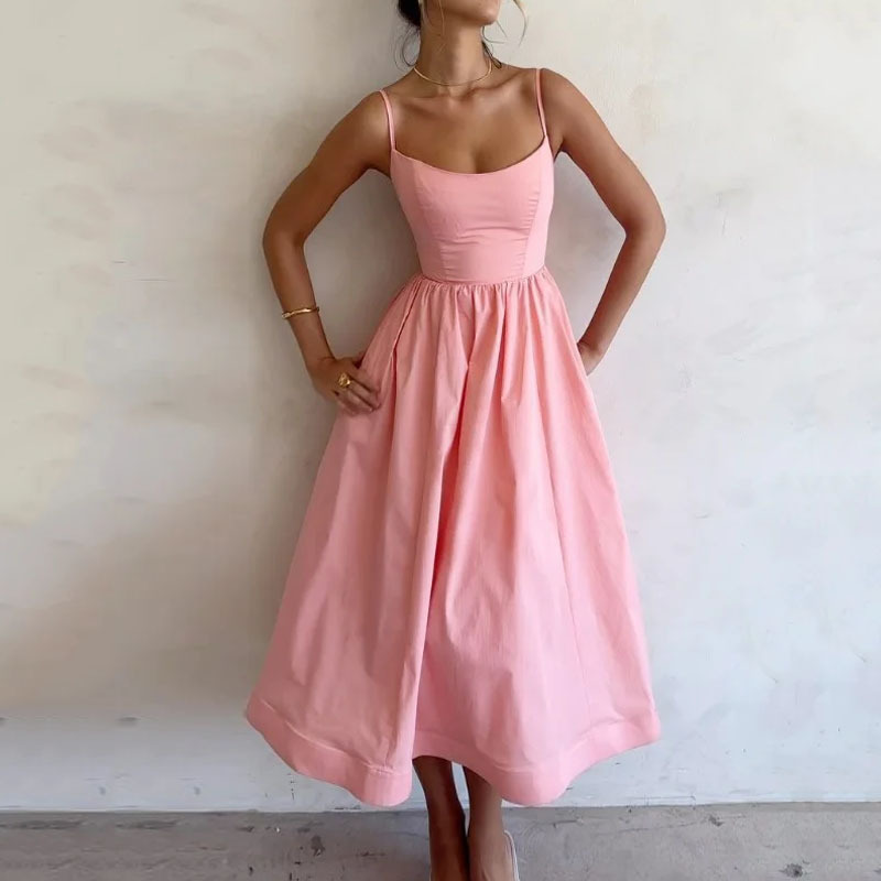 Europe and the United States women's new 2025 spring dress solid color sexy U collar waist fold halter swing dress thumbnail
