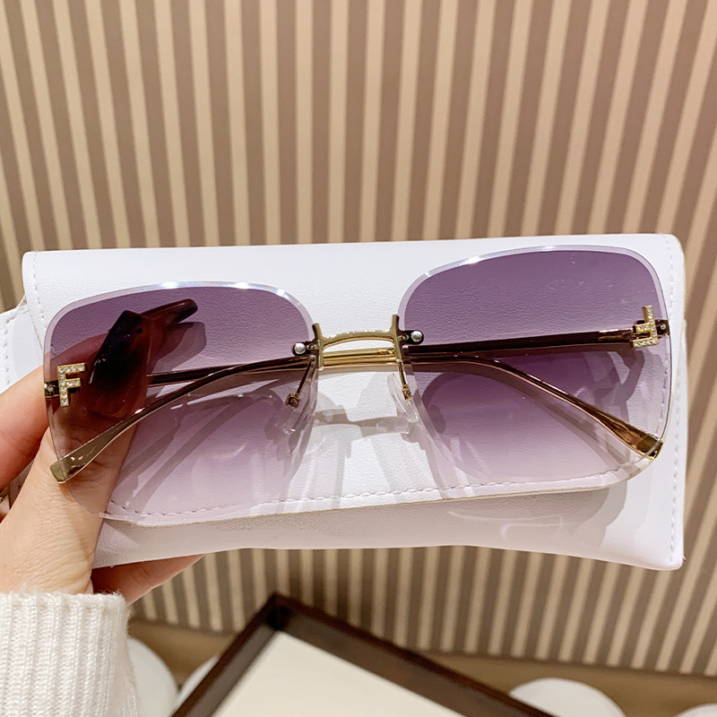 跨境秋新款金属无框太阳镜欧美潮流眼镜字母F镶钻方形大框墨镜女详情图3