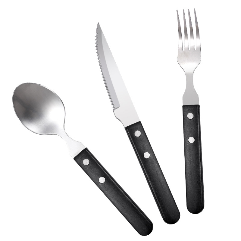 Cross-border in-stock Western cuisine knife, fork and spoon, stainless steel steak knife, POM handle, steak knife, fork and Western tableware set Item Picture