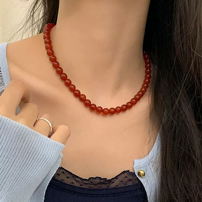 新款红玛瑙串珠项链女925纯银款高级感复古锁骨链ins博主同款项链