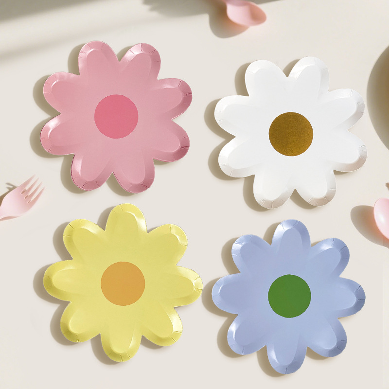 现货烫金花朵餐盘小雏菊野餐餐具儿童生日派对布置装饰蛋糕盘纸盘
