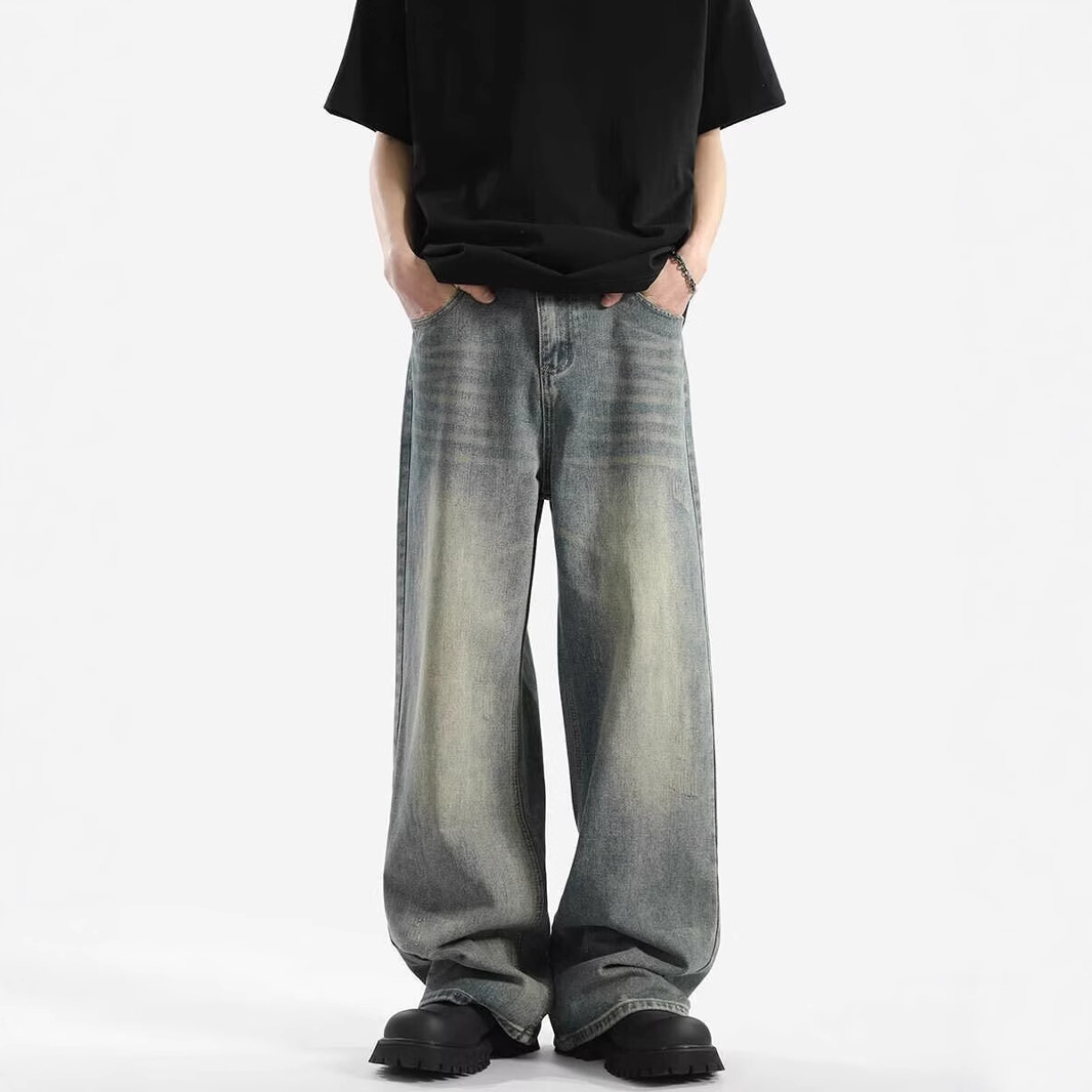 American retro washed drape jeans for men, new spring and summer loose floor-length pants, high street straight-leg casual pants details Picture