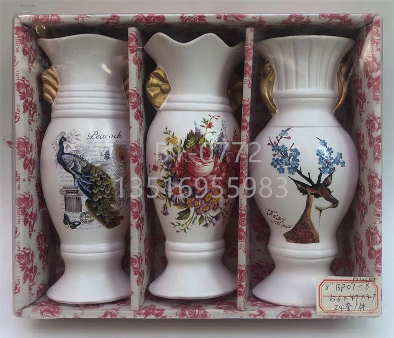 金堡花瓶厂家现货批发 8寸20厘米花瓶 白色花瓶 手绘印花 陶瓷花盆 家居办公装饰摆件花器