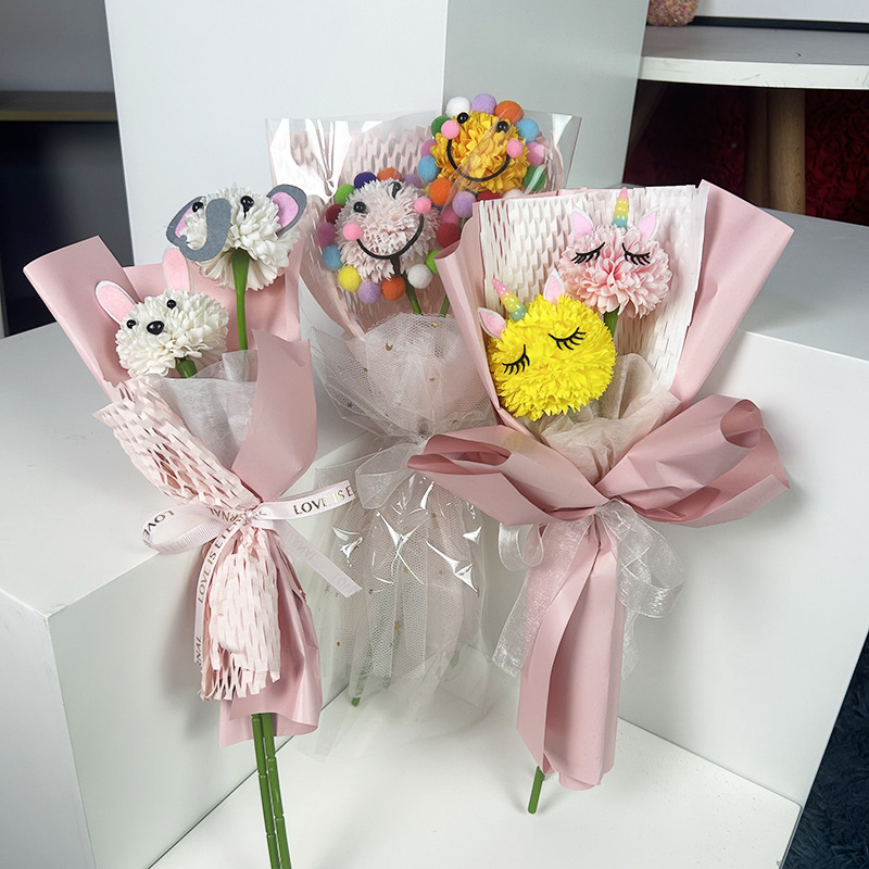 卡通乒乓菊仿真花束成品干花儿童节生日礼物花艺跨境礼品花束国潮