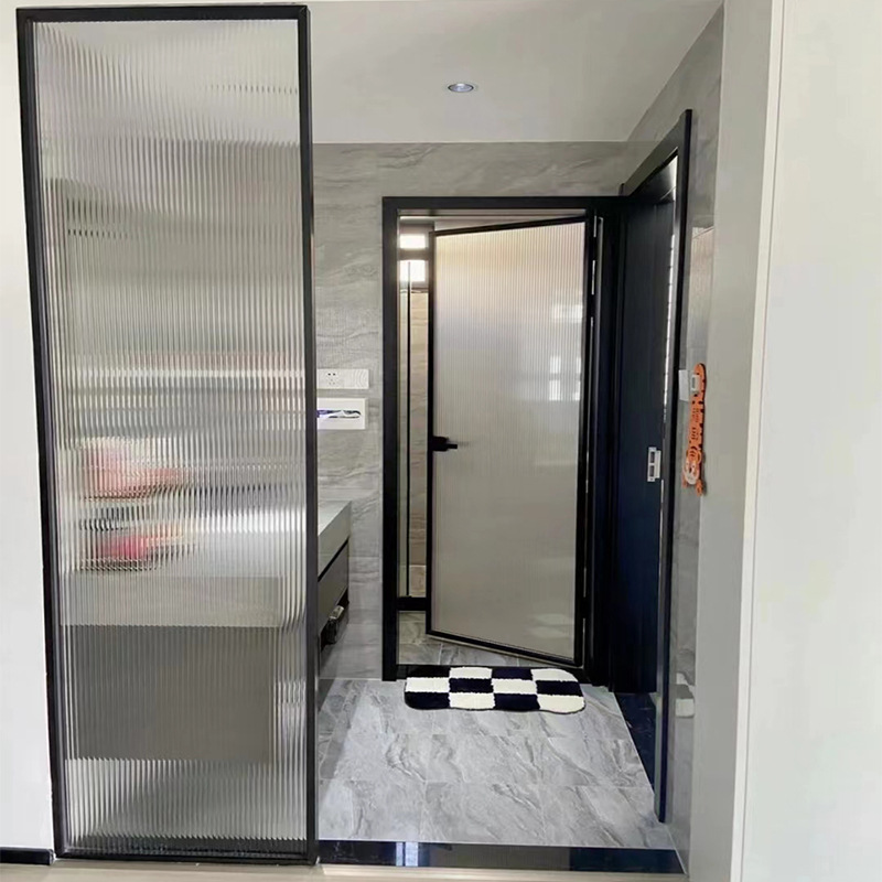 Toilet door, bathroom door, bathroom interior aluminum alloy glass door, super white lime oil glass single door, bathroom door Application Scenario