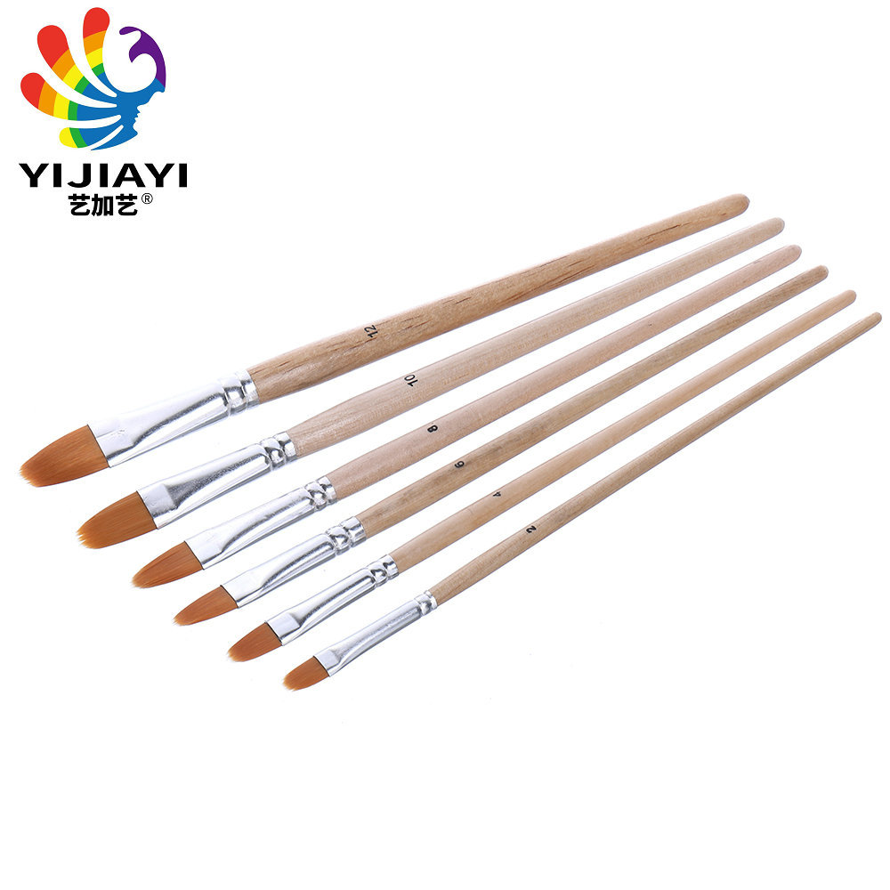 YIJIAYI 6-piece set of water-clear wooden pen barrel, aluminum tube and artificial fiber bristles oil painting brush. The head shape is available for selection