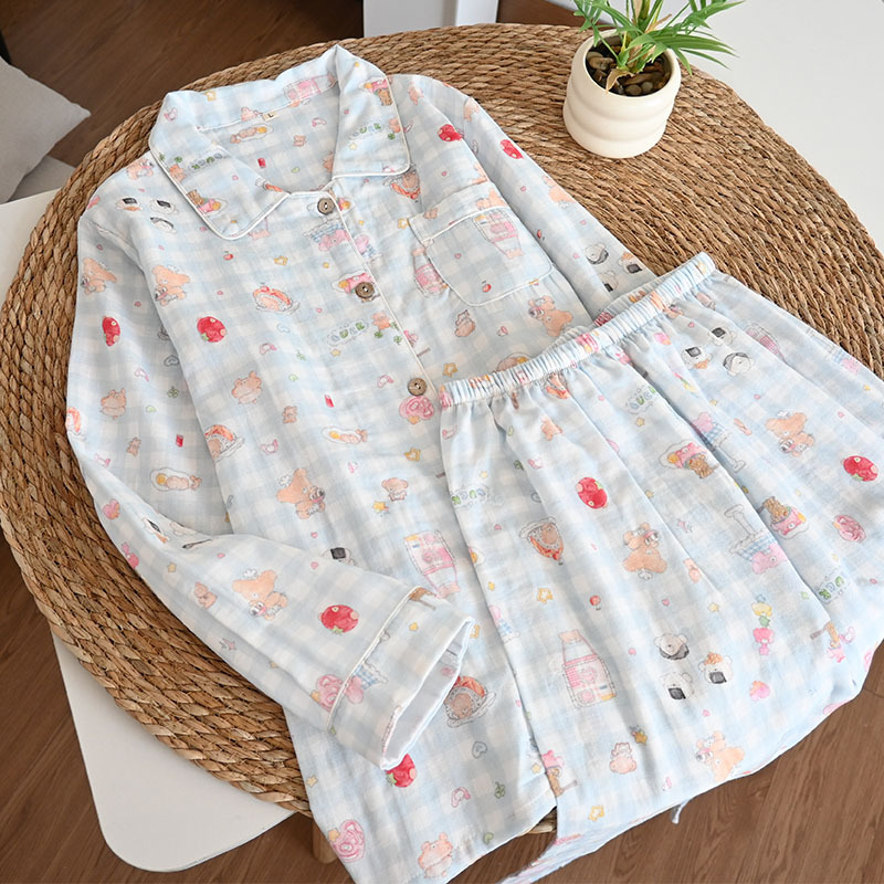 100%A类纯棉双层棉纱条纹小狗四季长袖翻领开衫女家居睡衣套详情22