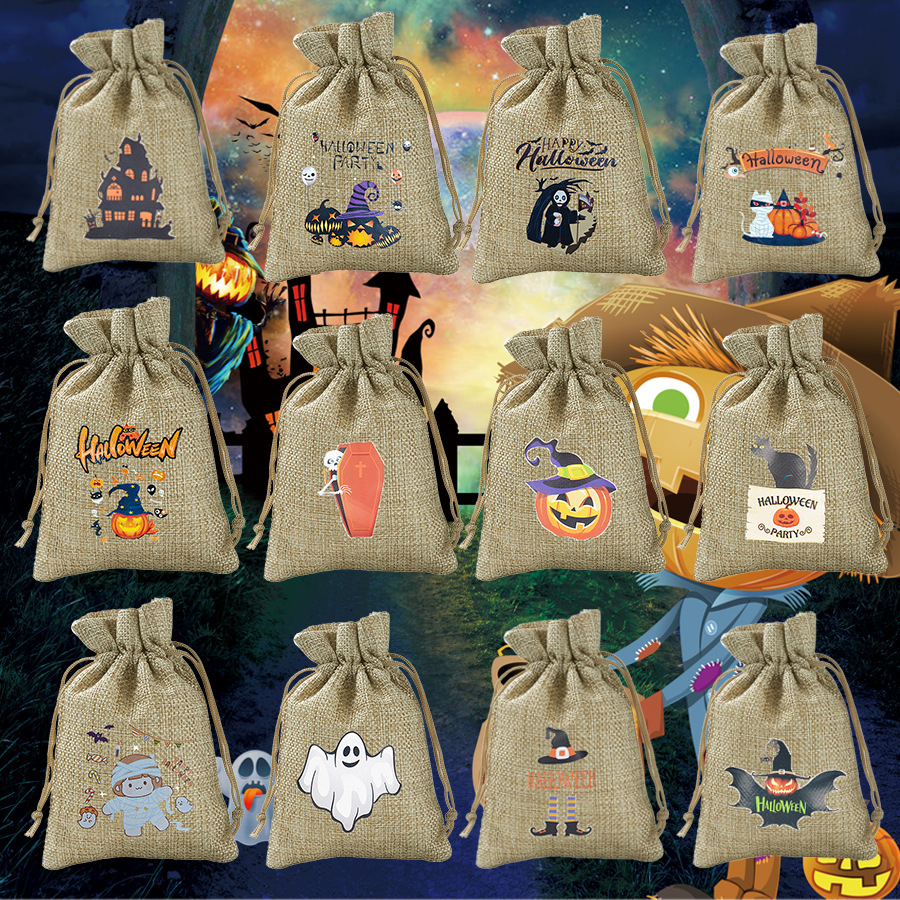 万圣节跨境麻布束口袋抽绳礼品小布袋糖果礼物包装袋小布袋