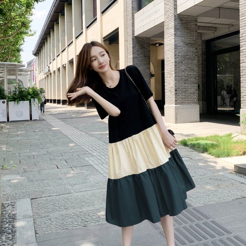 Summer dress for women, popular set, summer color-blocking short-sleeved dress, knee-length long dress for pregnant women, summer dress trend Specification image