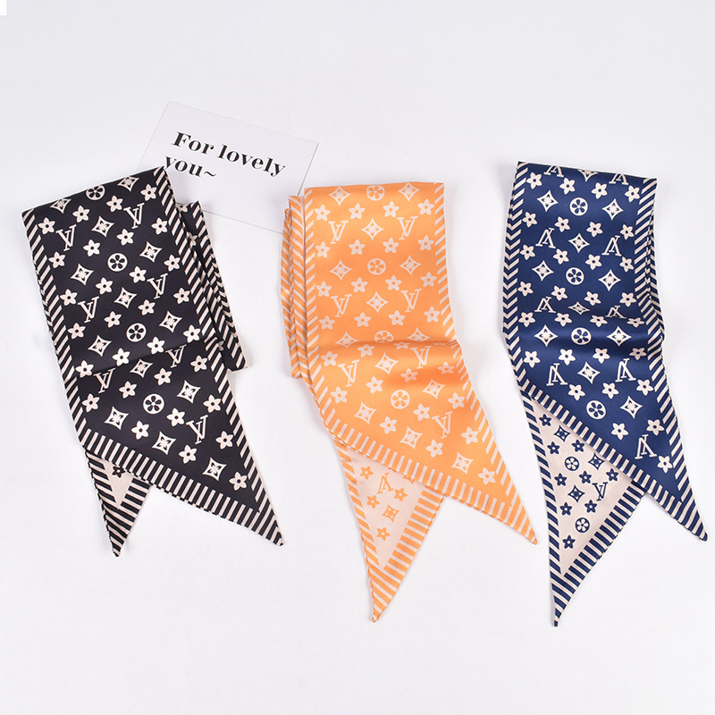 Summer New European And American Style Striped Pattern Printed Long Diagonal Ribbon Scarf Tied Hair Silk Scarf Bag Decoration