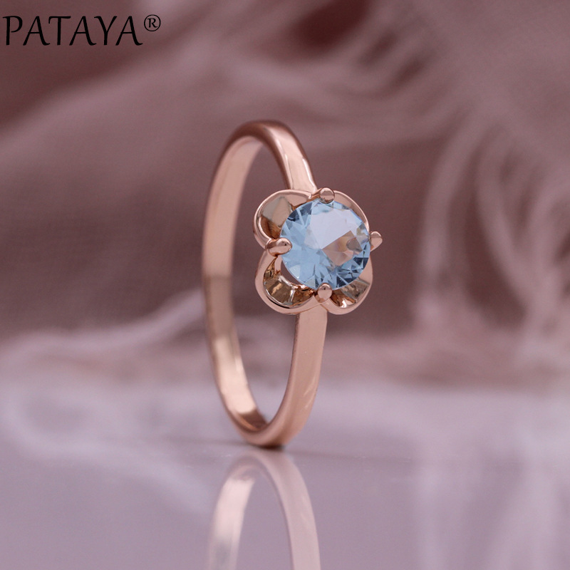 PATAYA light blue zircon flower sweet earrings Ring set 585 rose gold electroplated European and American women's accessories details Picture