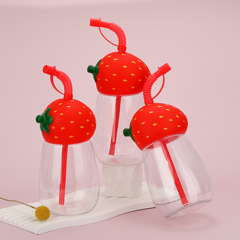 创意草莓造型密封盖子透明大肚饮料儿童塑料PET吸管杯果汁饮料瓶