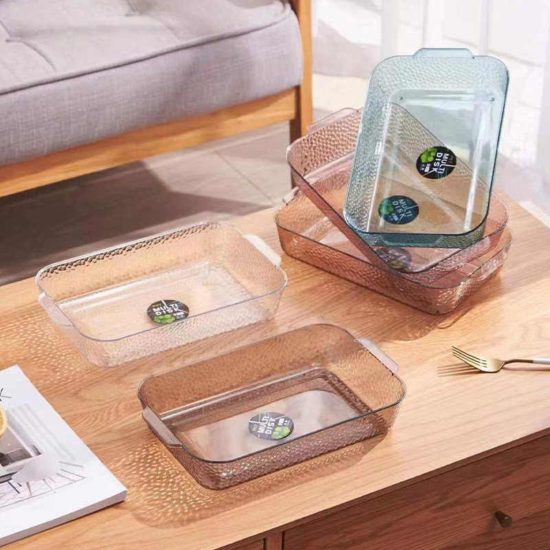 Rectangular glass tray, European-style household fruit plate, living room water cup tray set, tea cup plate, transparent flat plate details Picture