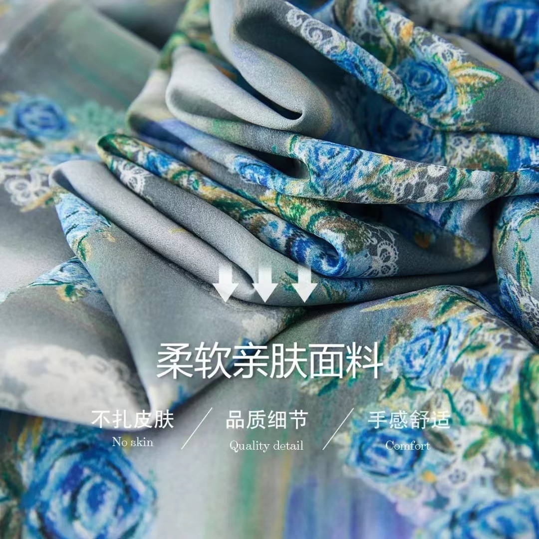 Flower Crepe Crepe Printed Skirt 2023 Spring And Summer New Stand Collar Waist Wooden Ear Edge Dress Women's Mid-Length Skirt Item Picture