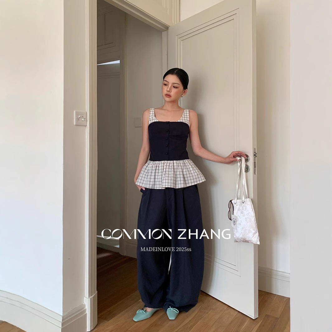 CZ ZHANG's summer Korean-style youthful layering checkered and striped patchwork fashionable and versatile tank top for women B23879 Specification image