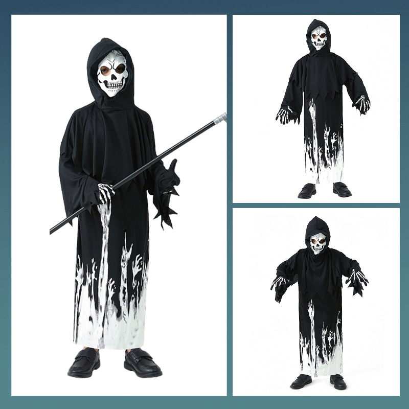 跨境万圣节儿童COS骷髅镰刀死神表演服男童女童恐怖装扮荧光鬼衣