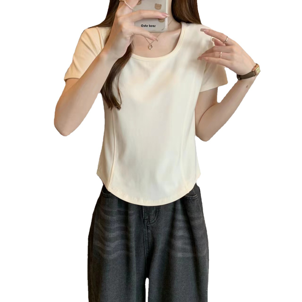 Square Collar Fishbone Short Sleeve T-Shirt Women's Wear South Korea 2024 Summer Slimming Short Spice Collarbone Is Shoulder Clothes Item Picture