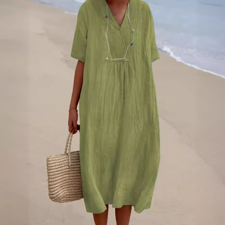 2024 Amazon bestseller cotton and linen women's solid color V-neck fashion dress in stock details Picture