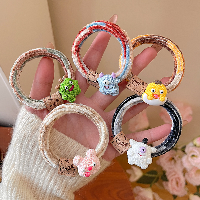 Cute cartoon monster hair tie for girls, double ponytails without hair bands, funny little leather covers, rubber bands and hair ties