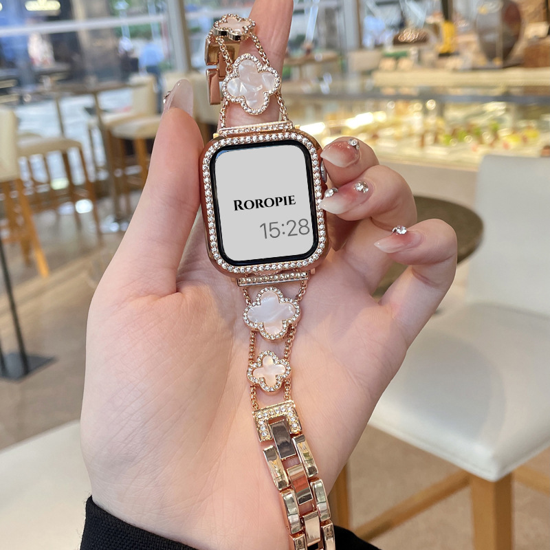 Metal four-leaf clover fine diamond is suitable for applewatch9, iwatch876 generation se straps, high-end women