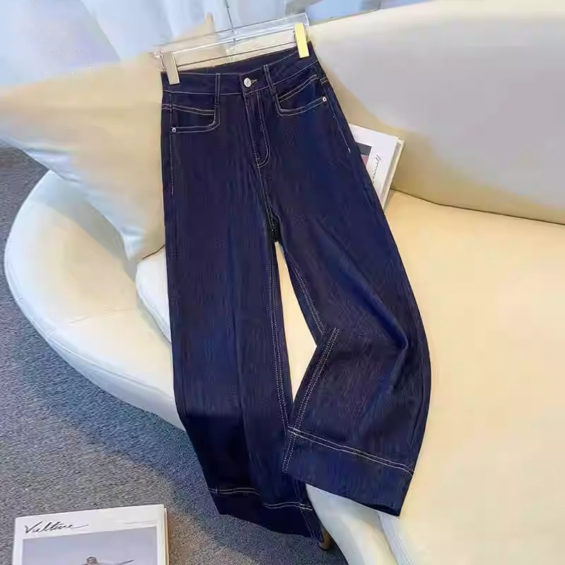 蓝色牛仔阔腿裤女春夏季2025新款高腰显瘦窄版小个子九分直筒裤子