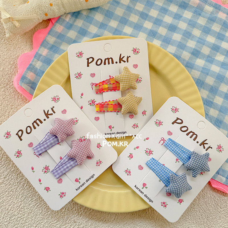 Spring 2025 Sweet star-shaped checkered fresh hair clip, children's fabric cute checkered side bangs clip