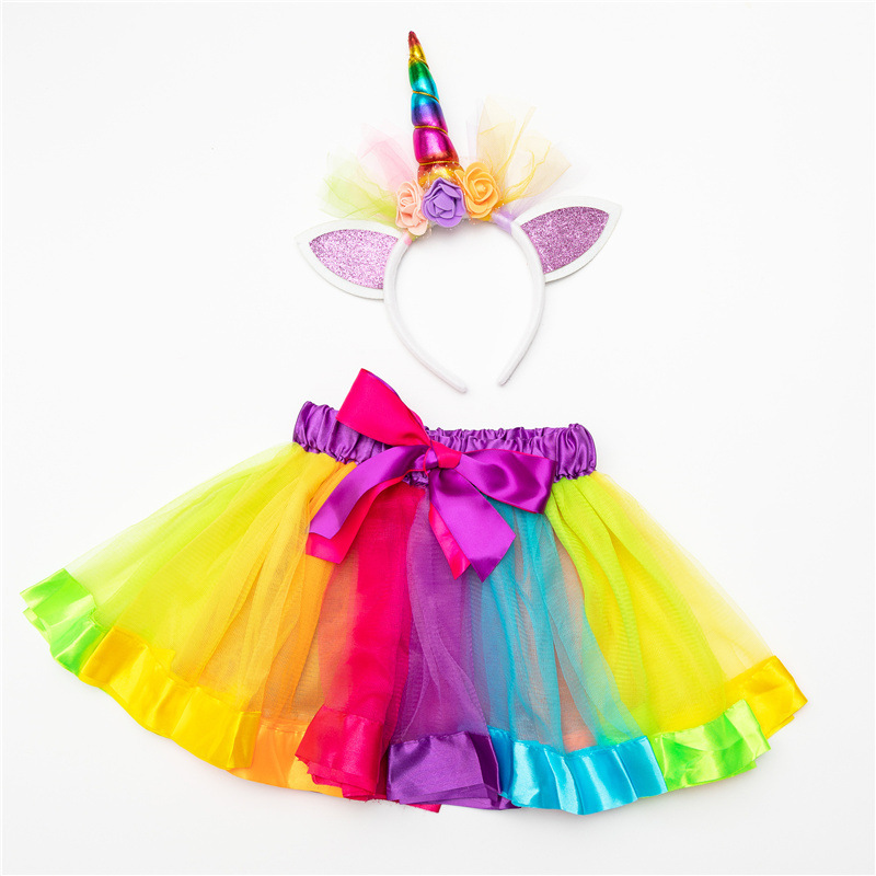 Gauze rainbow pommel dress Children's tutu Princess dress with headband set baby dress full figure