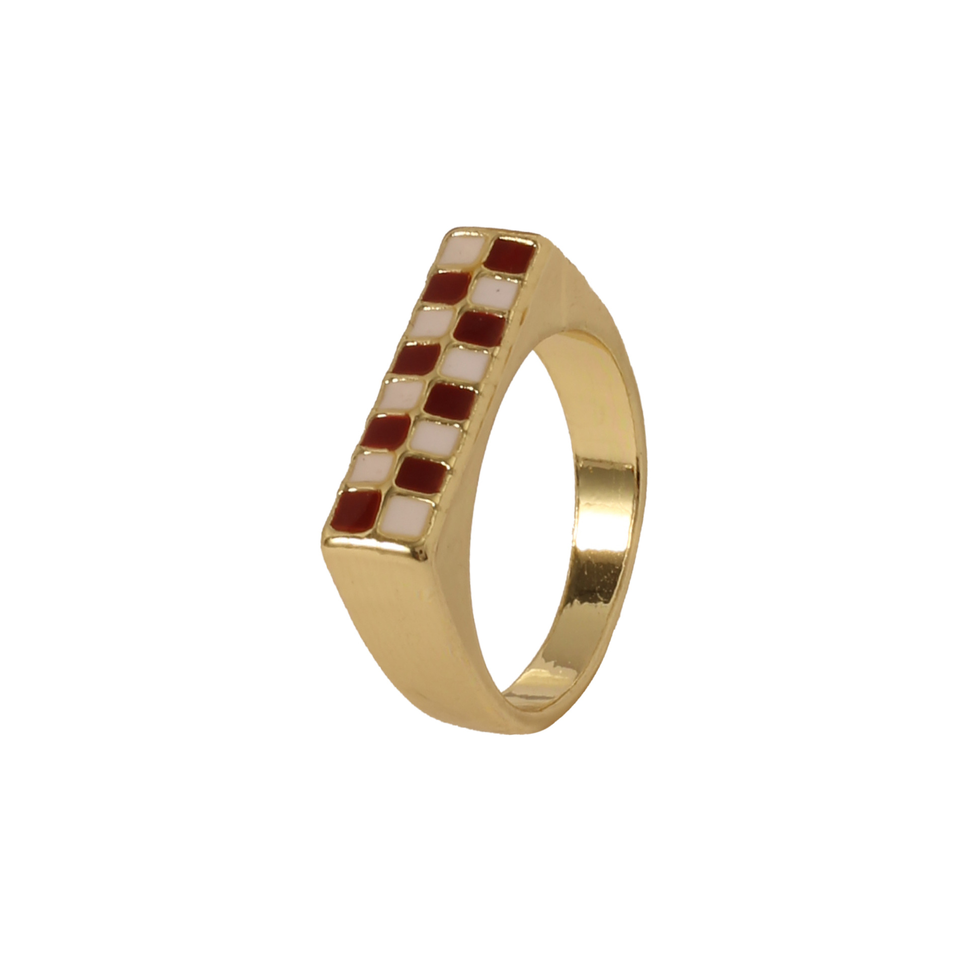 European and American fashion trend 18k gold-plated ring, red and white checkered heart checkerboard pattern ring, ladies' couple rings Item Picture
