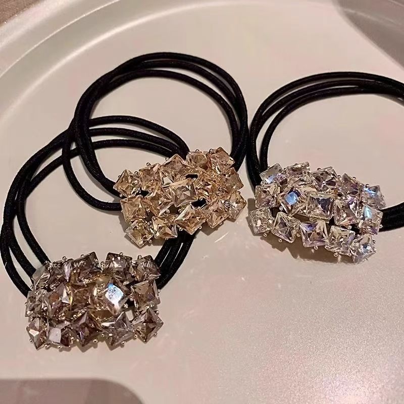 轻奢新款水钻方块发圈女网红气质马尾头绳发饰扎丸子头皮筋头饰