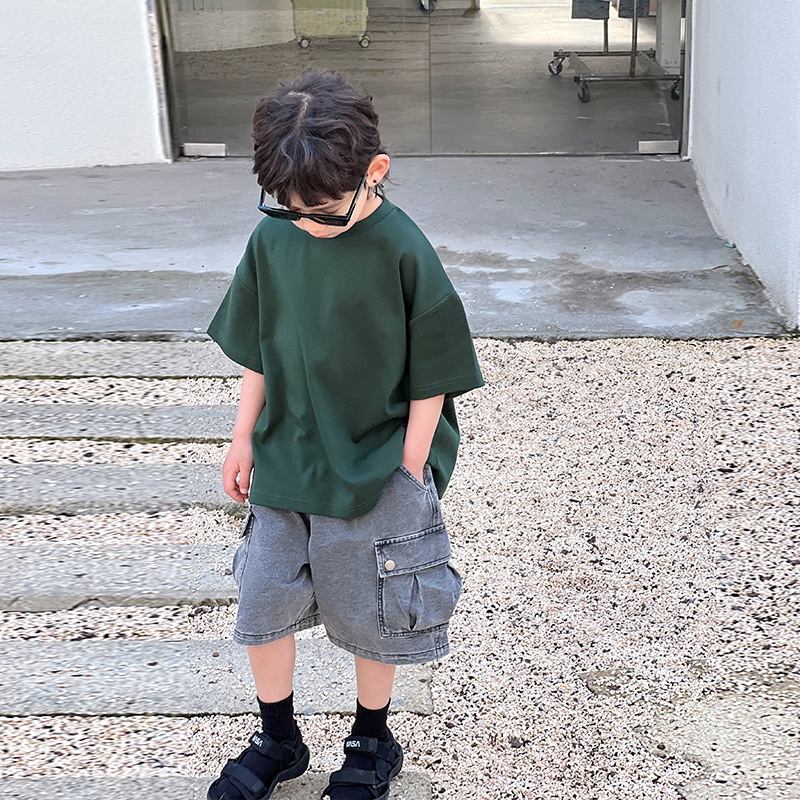 Children's clothing, boys' short-sleeved T-shirt 2024 Summer New collection, Korean version children's solid color round neck half-sleeved T-shirt summer clothing wholesale Specification image