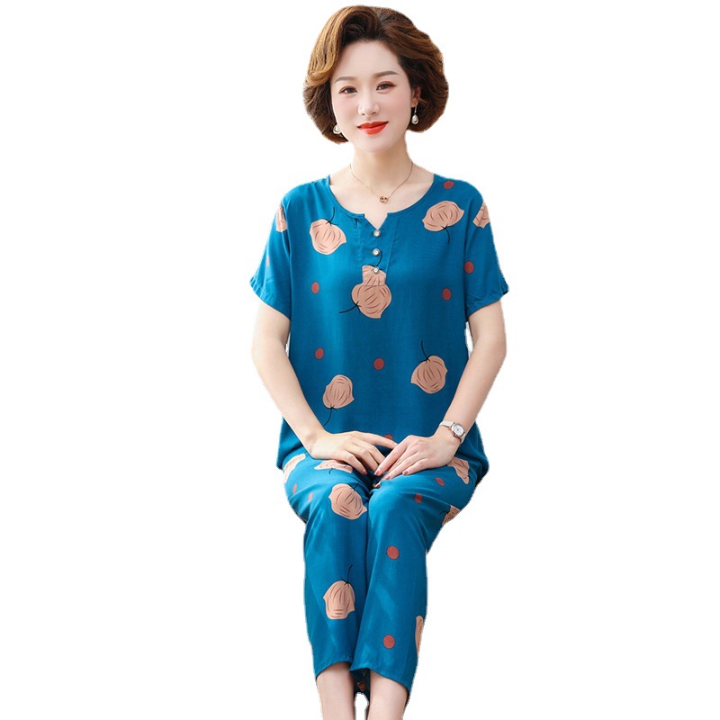 Cotton silk pajamas for women, summer short-sleeved suits, cotton silk for middle-aged and elderly mothers, large-sized artificial cotton home wear for women, suitable for wearing outside Item Picture